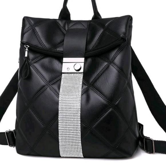Handbags - Black bookbag with rhinestone and quilted pattern